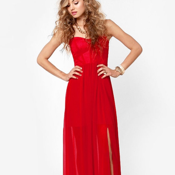 Aryn K Strapless Red Maxi Gown Wedding Dress M - Picture 1 of 8